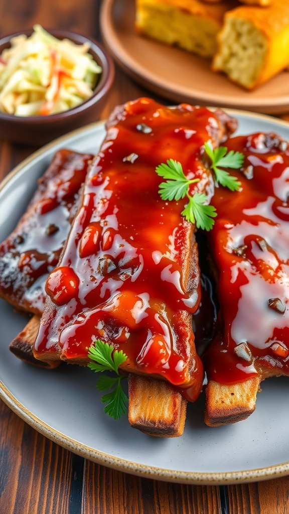 Crispy air fryer pork spare ribs glazed with barbecue sauce, served with coleslaw and cornbread on a rustic table.